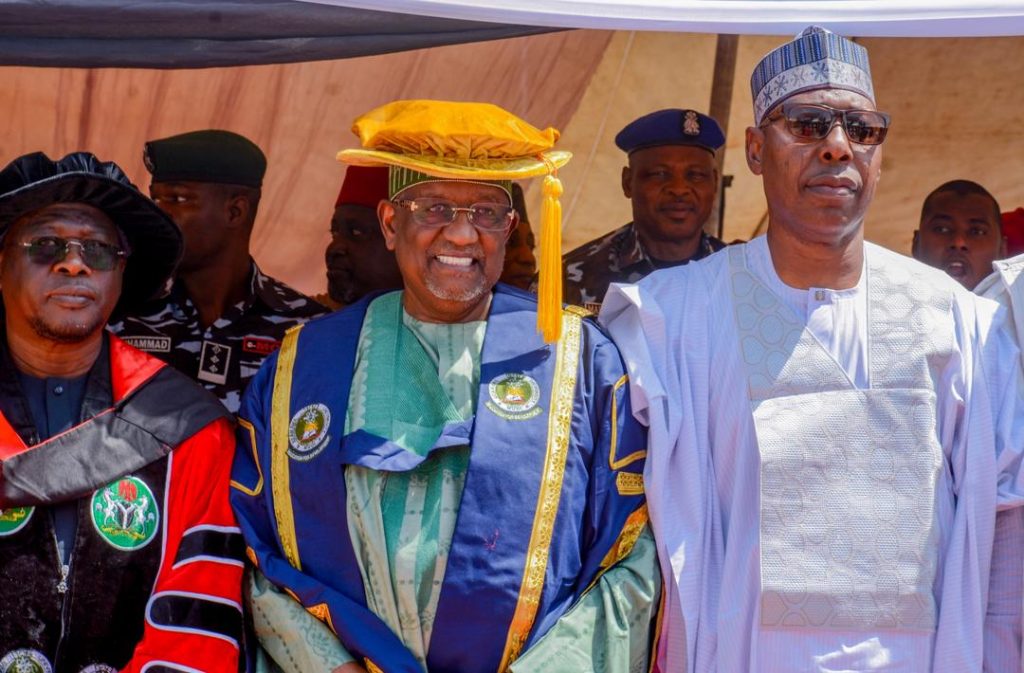 L-R: Adamawa State Governor, Ahmadu Fintiri, renowned businessman and philanthropist, Alhaji Muhammadu Indimi and Borno State Governor, Babagana Zulum