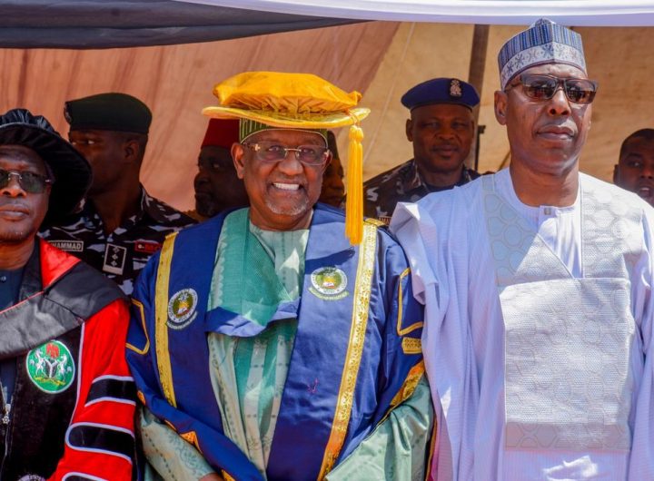 L-R: Adamawa State Governor, Ahmadu Fintiri, renowned businessman and philanthropist, Alhaji Muhammadu Indimi and Borno State Governor, Babagana Zulum