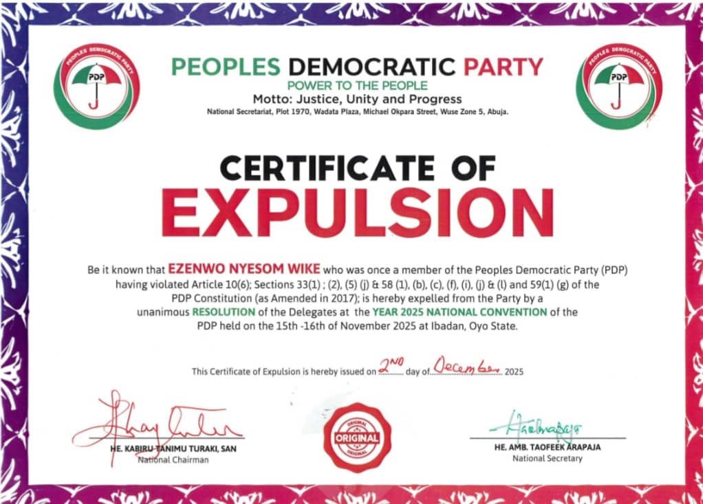 "PDP will never die": Turaki assures leaders as Damagum hands over, party issues expulsion certificates to Wike, others 3 PDP expels Wike issues certificate of expulsion
