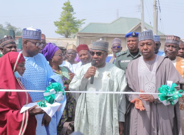 Borno State Governor, Babagana Zulum and the Minister of Education, Dr Maruf Tunji Alausa, during the official commissioning of two newly constructed mega schools in Maiduguri
