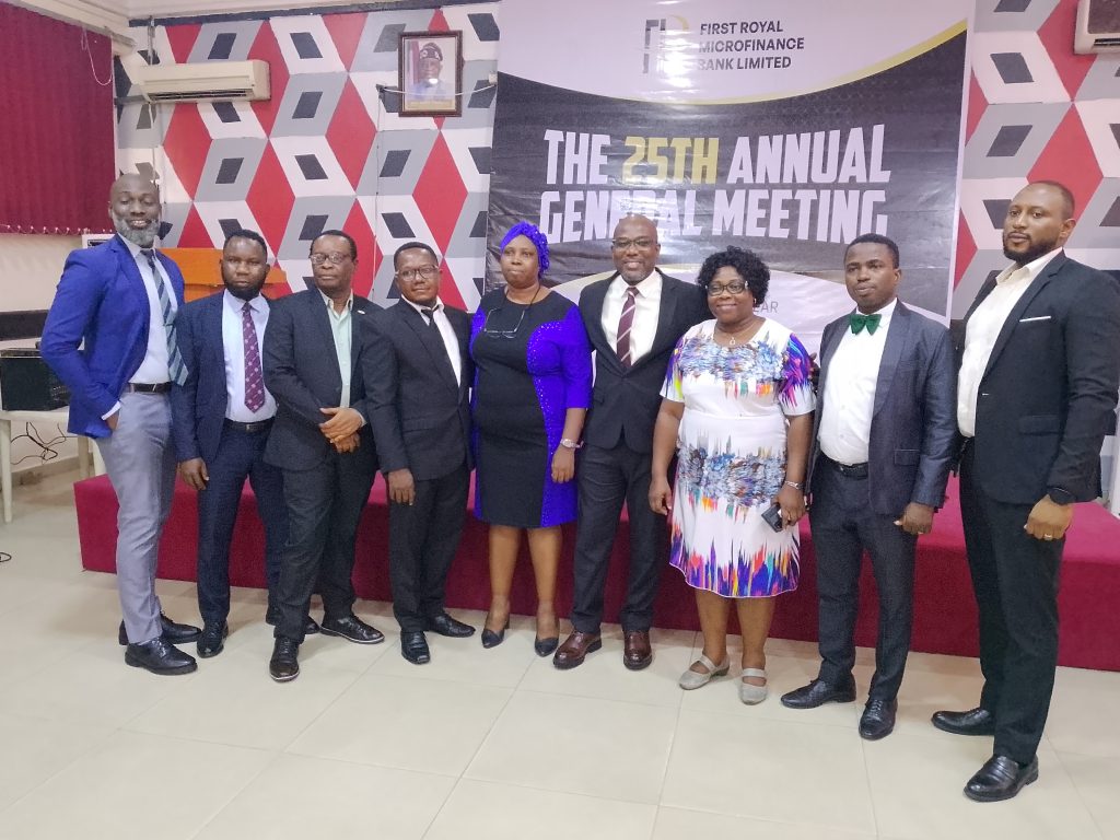 First Royal Microfinance Bank declares ₦0.018k dividend, records ₦16.46m profit in 2024 1 First Royal Microfinance Bank declares ₦0.018k dividend