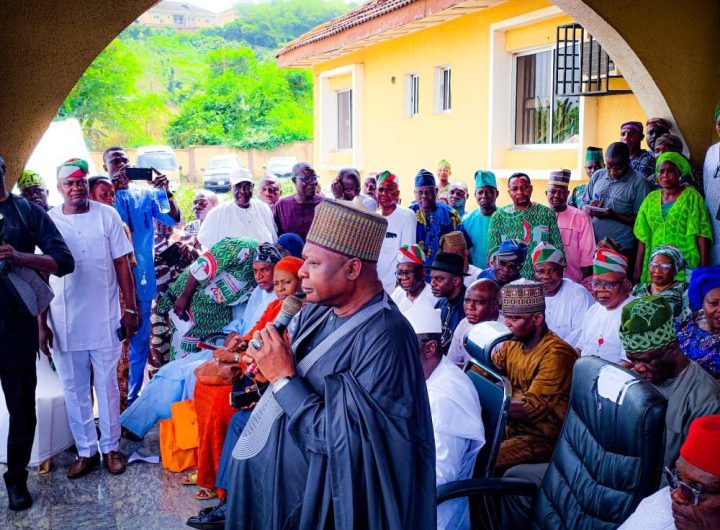PDP National Chairman, Kabiru Turaki addressing members and supporters at the party's state Secretariat shortly after returning from a visit to former President Olusegun Obasanjo. Photo credit: @OfficialPDPNig