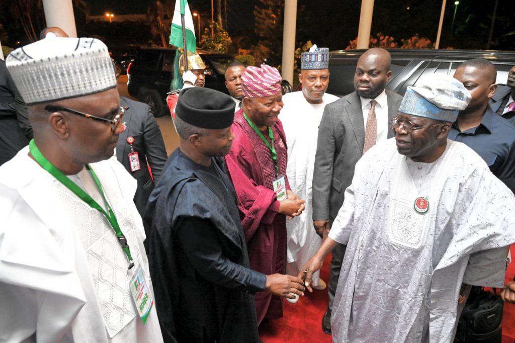 Tinubu, Shettima lead APC leaders to the party’s National Caucus meeting in Abuja