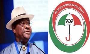 FCT Minister Nyesom Wike and PDP logo