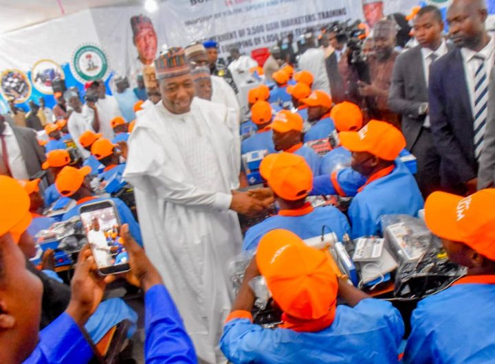 Borno State Governor, Babagana Zulum interacting with the beneficiaries of the youth empowerment scheme