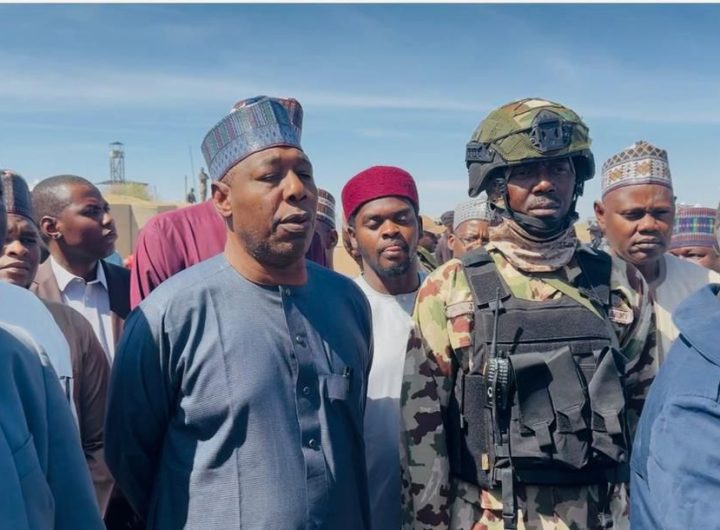 Zulum visits frontline troops in Mairari, inspects dilapidated FGC Monguno