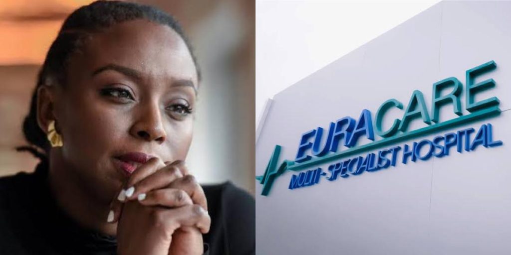 Chimamanda Adichie and logo of Euracare Hospital Lagos