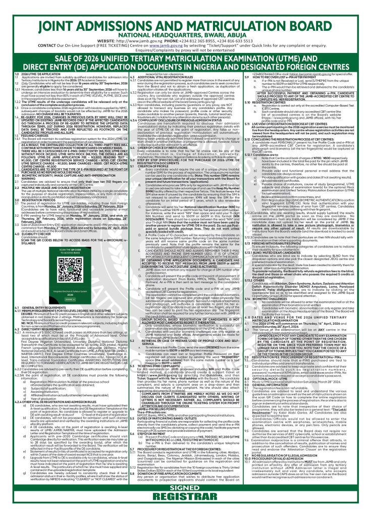 JAMB opens 2026 UTME & Direct Entry registration