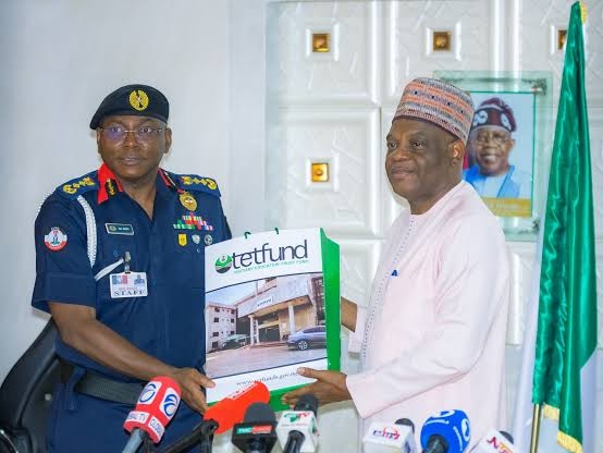 Commandant General of the Nigeria Security and Civil Defence Corps (NSCDC), prof. Ahmed Audi and the Executive Secretary of the Tertiary Education Trust Fund (TETFund), Sonny Echono during a courtesy visit in Abuja.