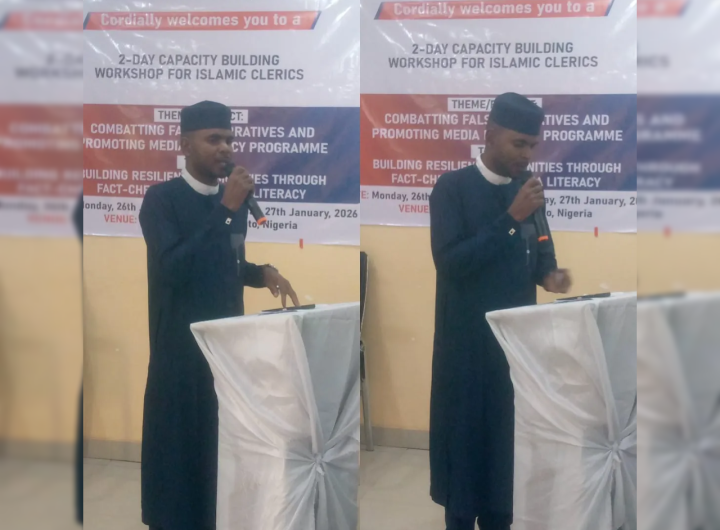Sokoto NUJ Chairman, Comrade Usman Binji presenting paper at the ongoing 2 day workshop for Islamic clerics on countering false narratives, and fact-checking.