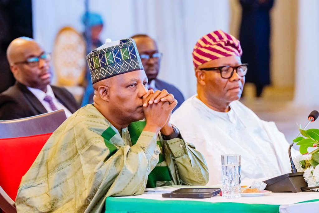 VP Kashim Shettima and representative of President Bola Tinubu (Senate President Godswill Akpabio) during the NEC Conference in Abuja. Photo credit: State House Abuja