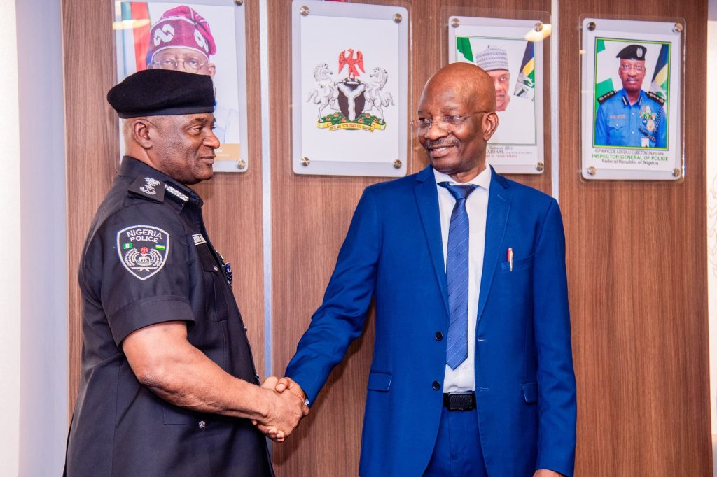New acting IGP Olatunji Disu and outgoing IGP Kayode Egbetokun (rtd) during the handover ceremony at the Force Headquarters Abuja