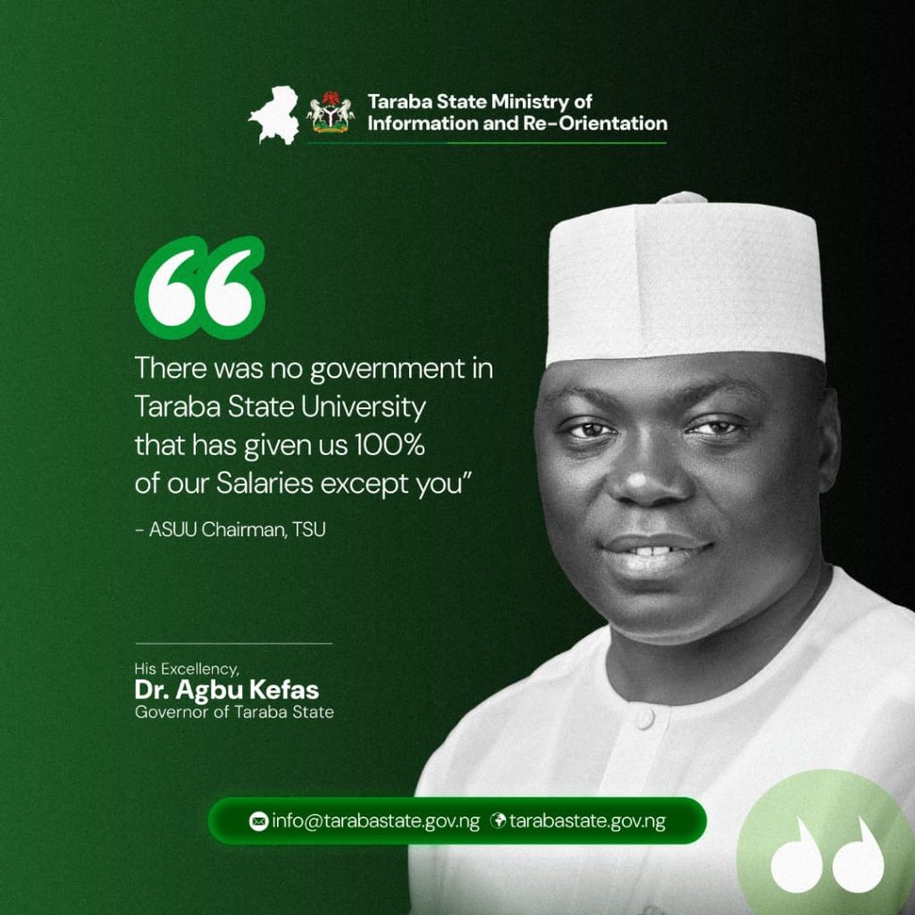 ASUU praises Taraba Governor Kefas for full salary payments amid strike 1 ASUU praises Taraba Governor Kefas for full salary payments amid strike