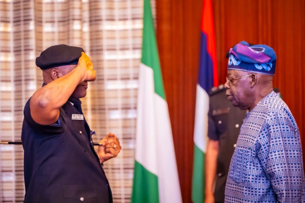 President Bola Tinubu and the new acting IGP Olatunji Disu. Photo credit: State House Abuja
