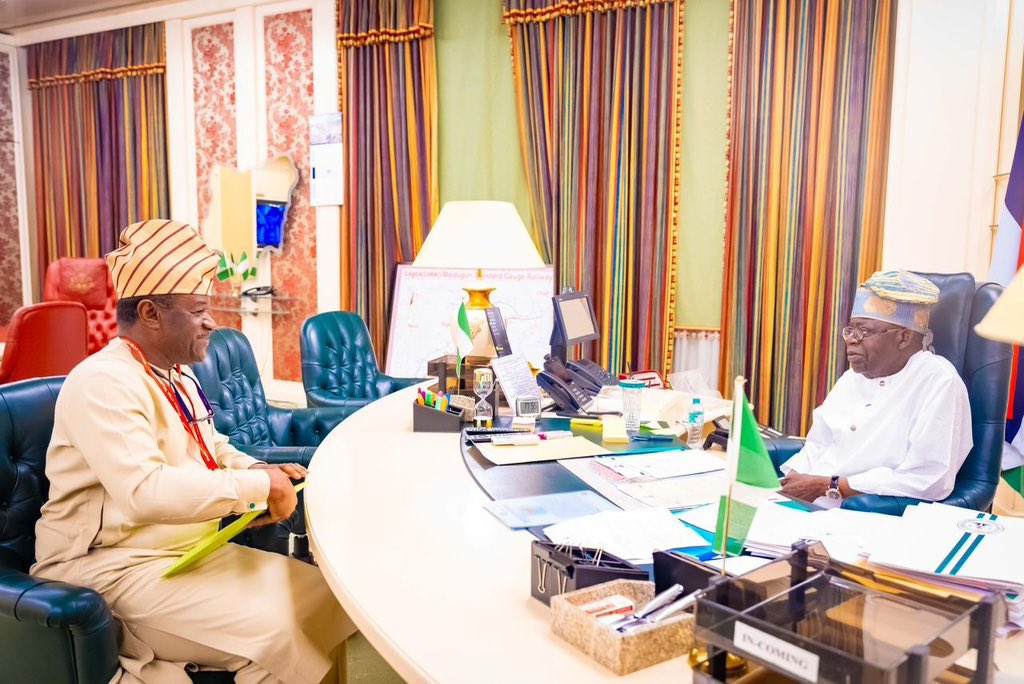 Managing Director/CEO of Nigerian Education Loan Fund (NELFUND), Mr. Akintunde Sawyerr during a courtesy visit to President Bola Tinubu at the Presidential Villa Abuja