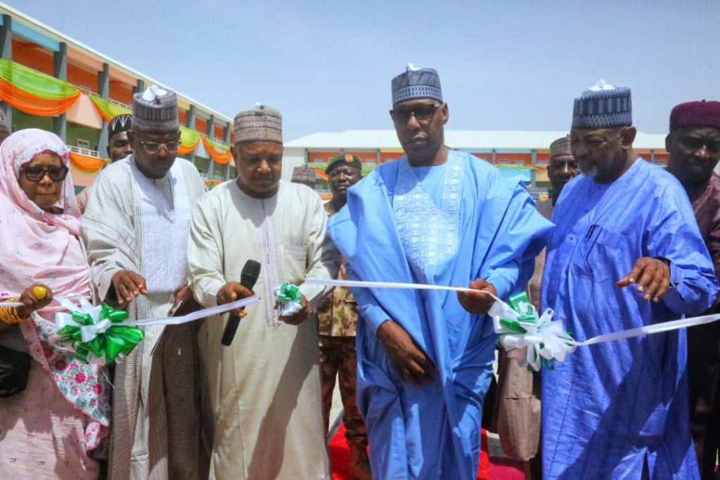 Borno: Zulum distributes farm tools, commissions school in Damasak 1 Borno State Governor, Babagana Zulum alongside the y the Minister of Budget and Economic Planning, Senator Abubakar Atiku Bagudu, and the Minister of Agriculture and Food Security, Senator Abubakar Kyari during the commissioning ceremony in Damasak