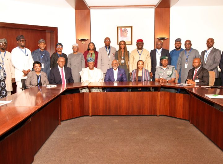 Front Row Seated, L-R: DG NAFDAC, Prof. Mojisola Adeyeye, CBN Governor, Mr. Yemi Cardoso, Minister of Finance & Co-ordinating Minister of the Economy, Mr. Wale Edun, Chief of Staff to the President, Femi Gbajabiamila, Minister of Industry, Trade & Investment, Dr. Jumoke Oduwole, Comptroller General of Customs, Bashir Adewale Adeniyi, Executive Chairman Nigeria Revenue Service, Zacch Adedeji, in a Group Photograph with other Executive Stakeholders on National Single Window Project, at the State House Abuja. Wednesday 4th March, 2026