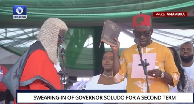 Aambra State Governor, Charles Soludo, takes his oath of office at the Alex Ekwueme Square in Akwa on March 17, 2026.