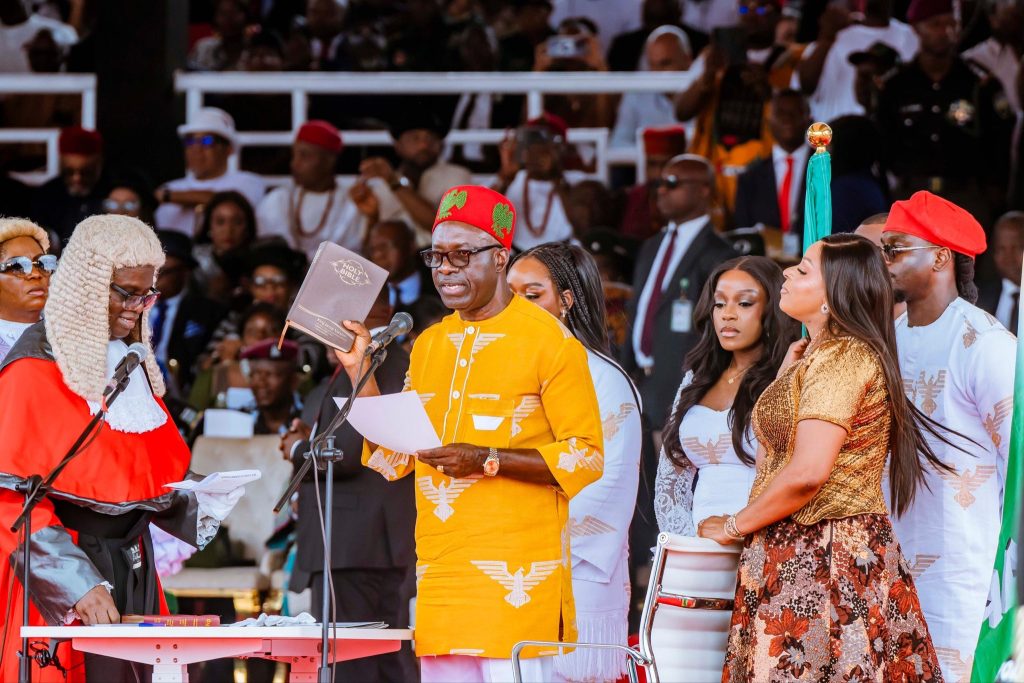 Aambra State Governor, Charles Soludo, takes his oath of office at the Alex Ekwueme Square in Akwa on March 17, 2026. 