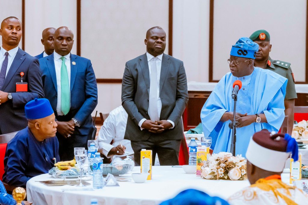 President Bola Tinubu speaking on Monday during the interfaith breaking of the fast with traditional and religious leaders at the Presidential Villa