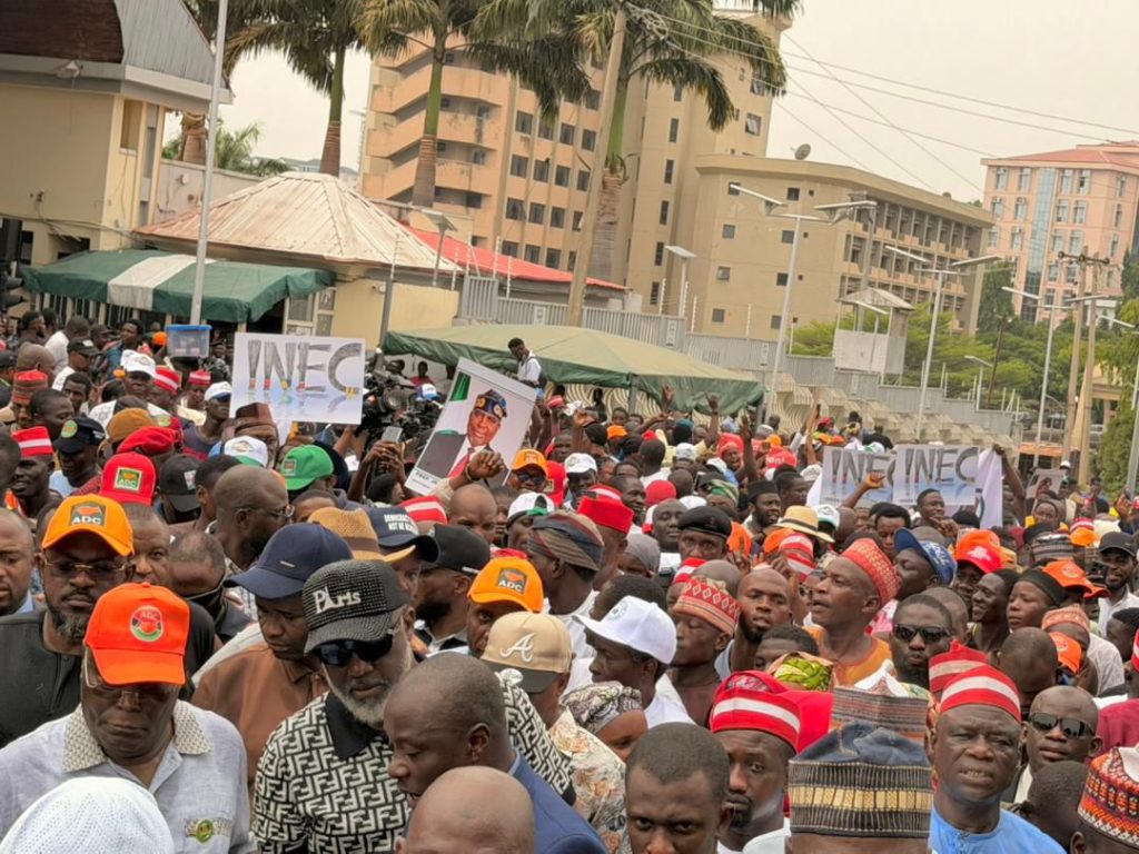 Atiku, Obi, Kwankwaso lead opposition protest in Abuja, demand INEC recognize David Mark-led ADC leadership