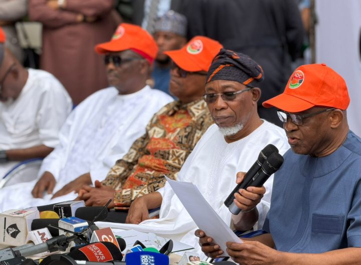 ADC National Chairman, David Mark addressing a press conference on Thursday in Abuja