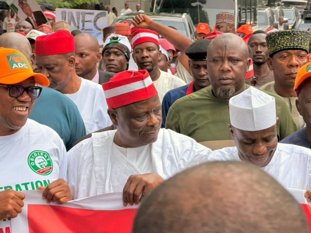 Atiku, Obi, Kwankwaso lead opposition protest in Abuja, demand INEC recognize David Mark-led ADC leadership