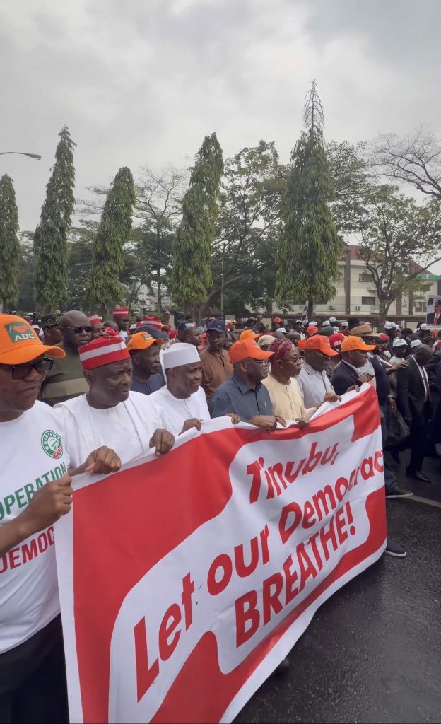 Atiku, Obi, Kwankwaso lead opposition protest in Abuja, demand INEC recognize David Mark-led ADC leadership
