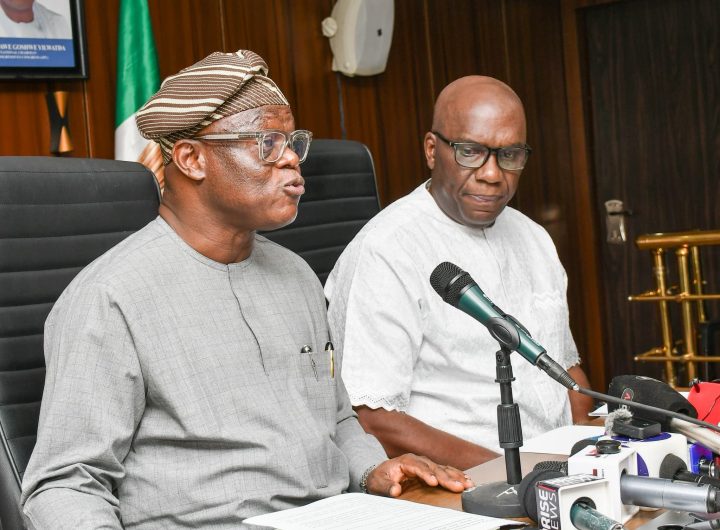 National Secretary of the All Progressives Congress (APC), Senator Ajibola Basiru, and the National Publicity Secretary, Felix Morka, addressing a press conference at the party’s National Secretariat in Abuja following Thursday’s briefing by Senator David Mark.