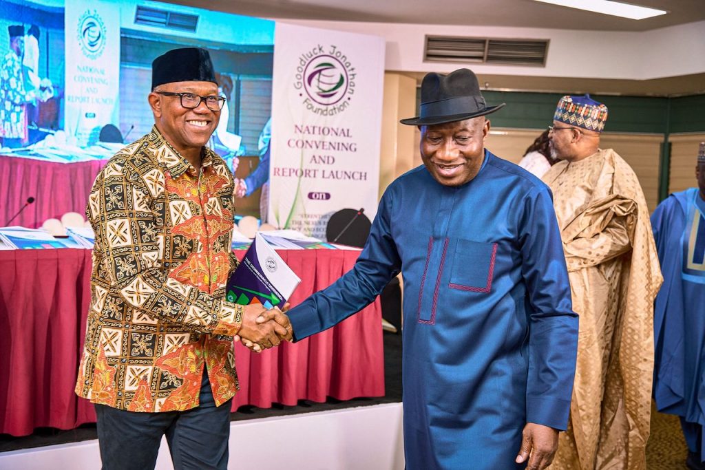 Nigeria’s democracy has failed in key sectors — Peter Obi calls for leadership based on competence, compassion 1 Peter Obi, former President Goodluck Jonathan and other dignitaries during the launch of a landmark report by the Goodluck Jonathan Foundation titled “Strengthening the Nexus Between Democracy and Economic Growth in Nigeria.”