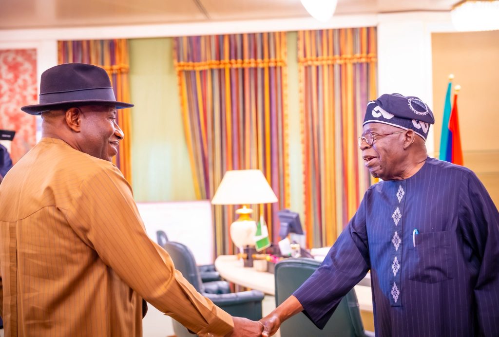President Bola Tinubu and former President Goodluck Jonathan during a courtesy visit at the Presidential Villa Abuja. Photo credit: State House Abuja