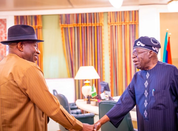 President Bola Tinubu and former President Goodluck Jonathan during a courtesy visit at the Presidential Villa Abuja. Photo credit: State House Abuja