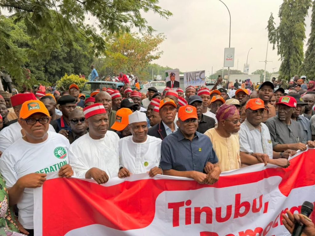 Atiku, Obi, Kwankwaso lead opposition protest in Abuja, demand INEC recognize David Mark-led ADC leadership