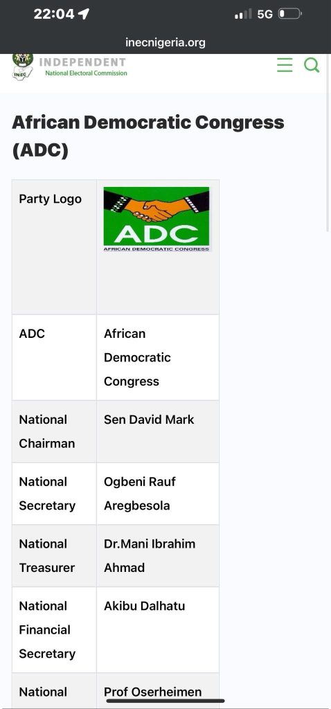 inec recognizes david Mark as ADC chairman