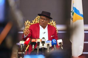 FCT Minister, Nyesom Wike speaking with newsmen during a media chat in Abuja