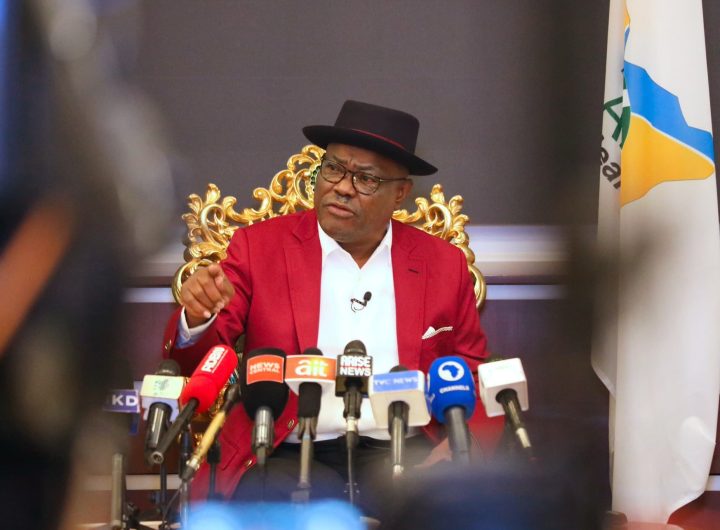 FCT Minister, Nyesom Wike speaking with newsmen during a media chat in Abuja